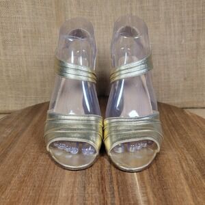 Kate Spade New York Heels Size 7 Gold Designer Strappy Peep Toe Made in Italy
